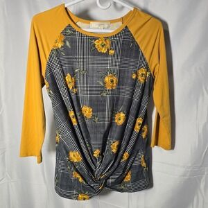 No‎ Comment Womens Plaid Floral Raglan Top Yellow Size M cottage farm